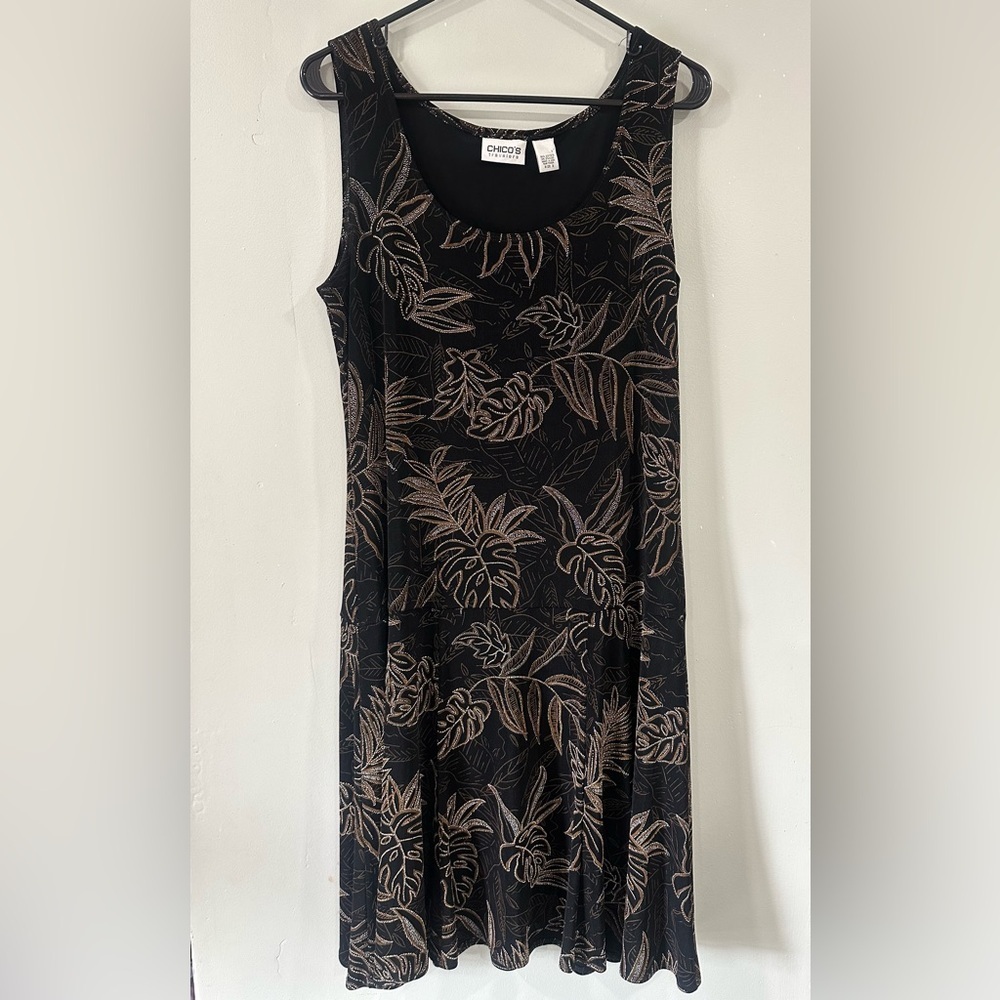 Chico’s travelers Black and Gold Leaf Pattern Dress size 2 XL
